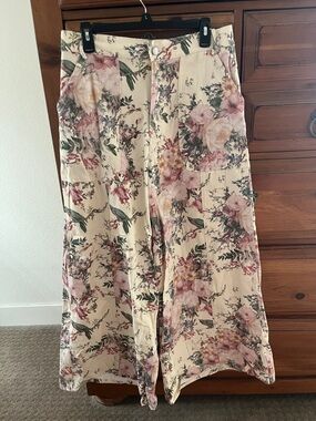 DAVI & DANI Cream Floral Wide-Leg Pants with Blush and Green NWT Size Large